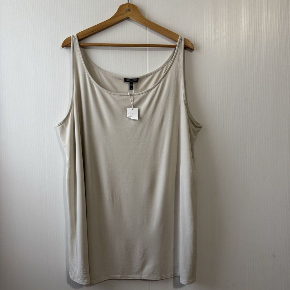 Eileen Fisher 1X Silk Georgette Crepe Scoop Neck Tank Bone Lagenlook Minimalist